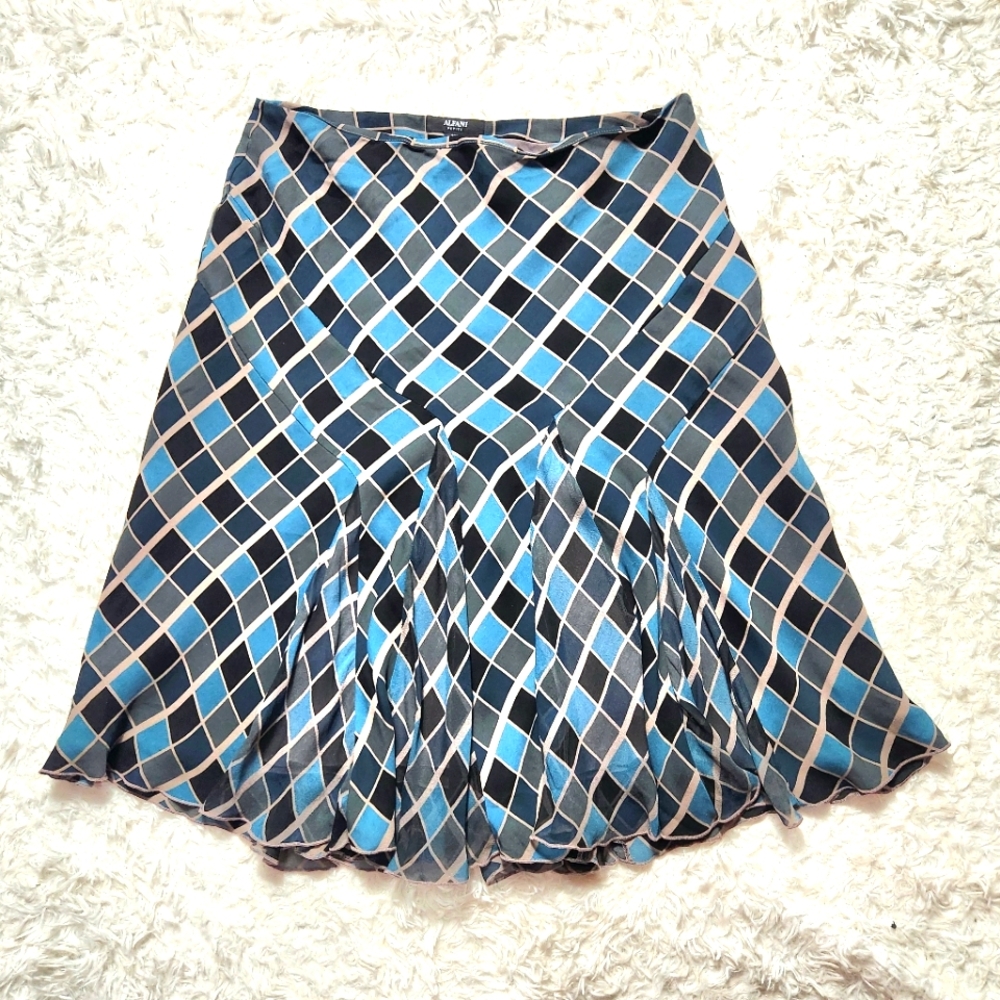 Alfani Silk Diamond Ruffle Mini Skirt Teal Black Beige Lined Womens 10 Petite